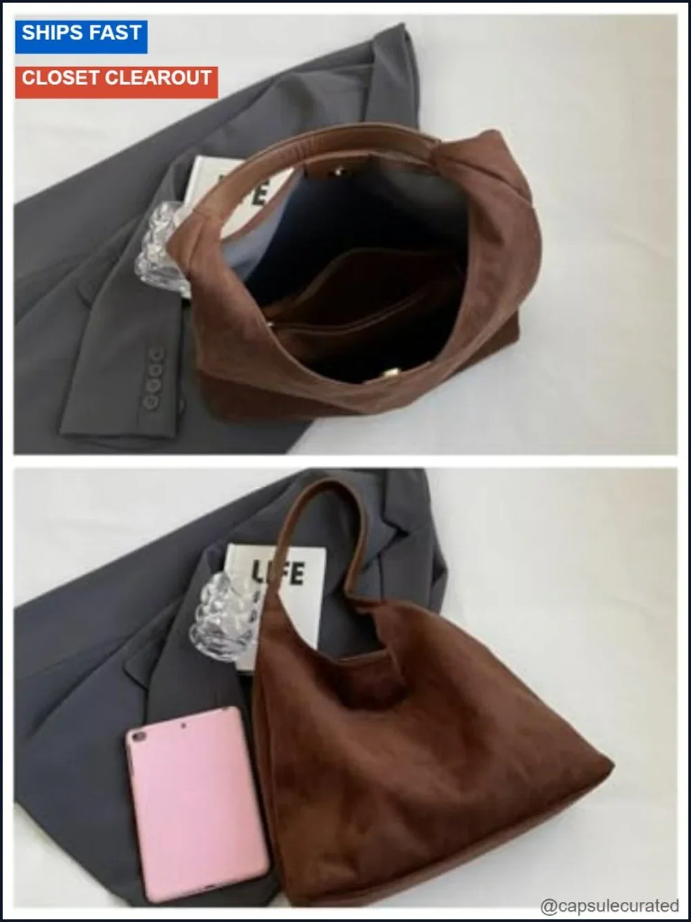 Faux Suede Hobo Bag Slouchy Shoulder Tote Women Work Handbag